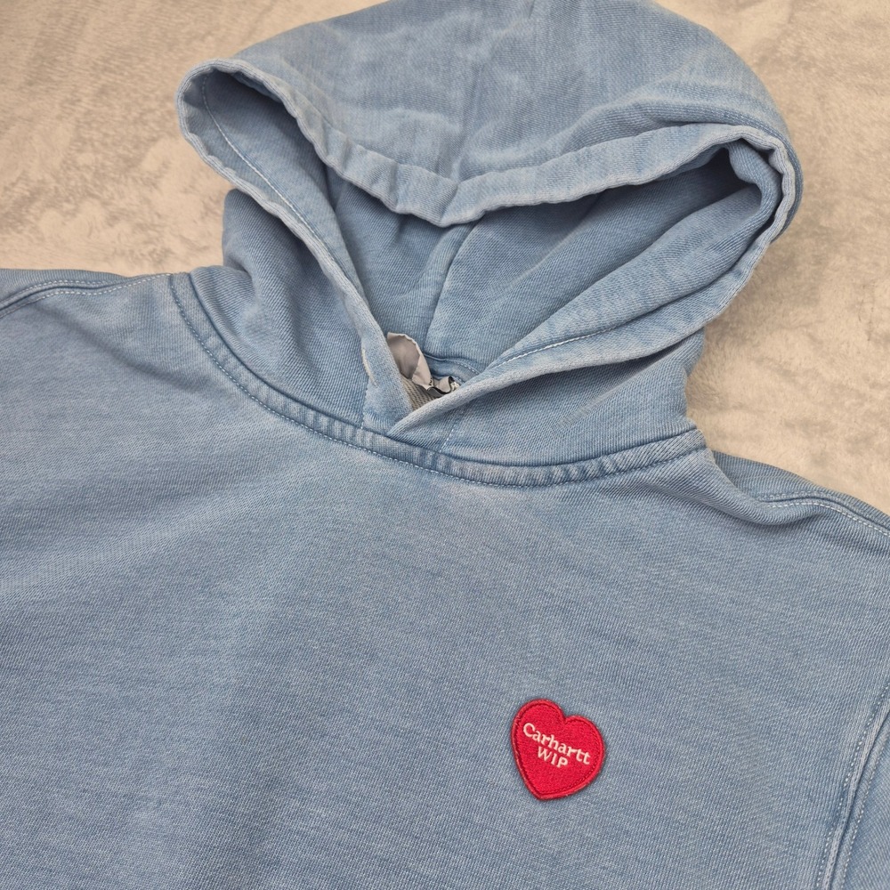 Carhartt WIP Heart Patch Hoodie Light Blue Stone Wash Sweatshirt Unisex Women XS - Picture 4 of 15